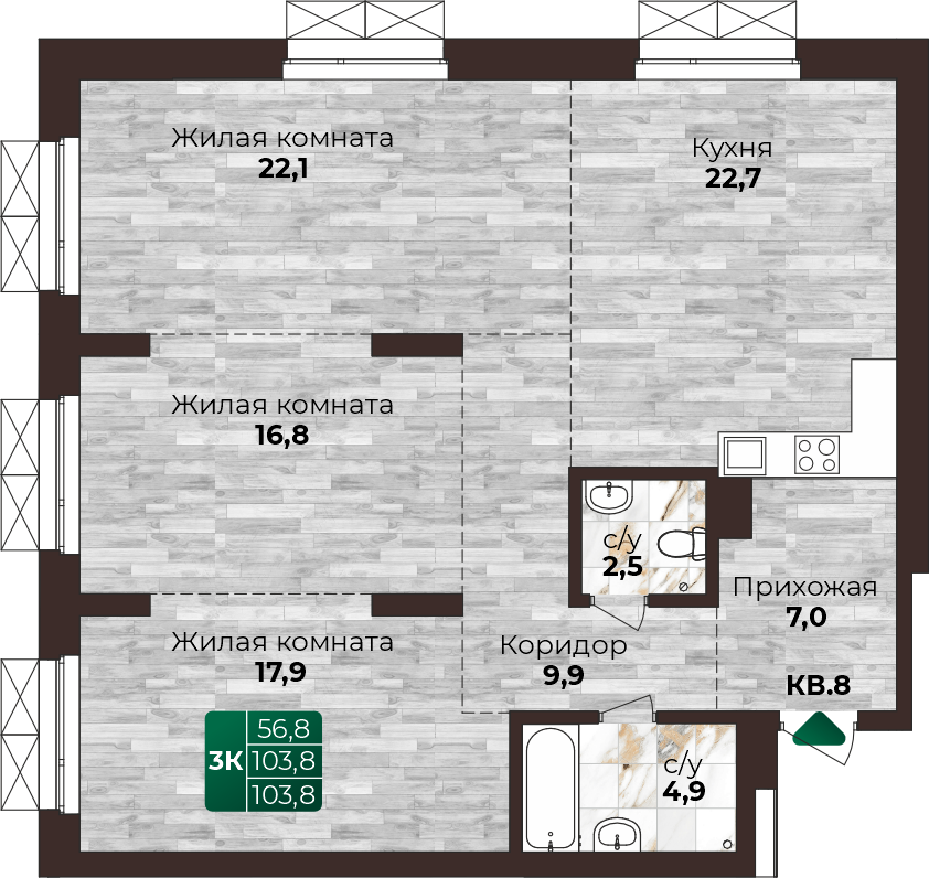 3-комнатная квартира, в ЖК Шервуд, ЖК Шервуд ул. Нагорная 6-я, д. 15г/12, №16