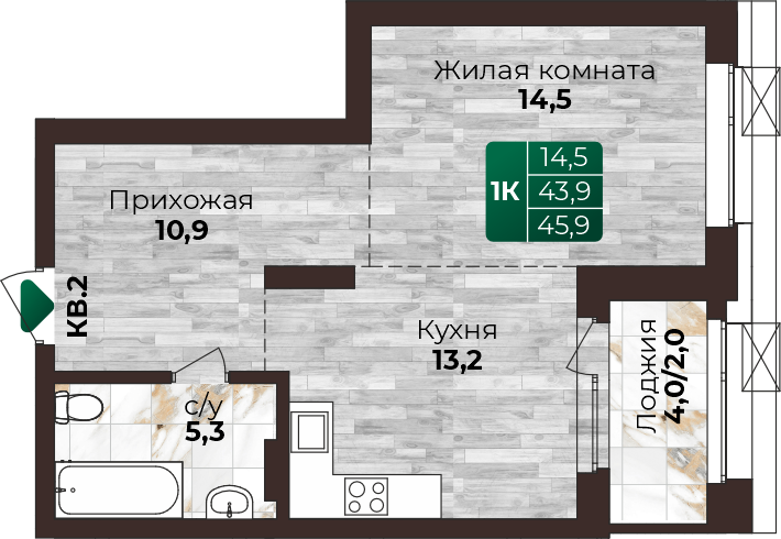1-комнатная квартира, в ЖК Шервуд, ЖК Шервуд ул. Нагорная 6-я, д. 15г/12, №18