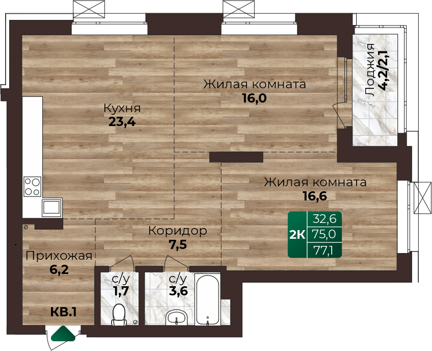 2-комнатная квартира, в ЖК Шервуд, ЖК Шервуд ул. Нагорная 6-я, д. 15г/12, №25