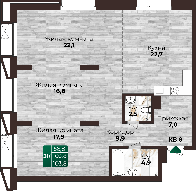 3-комнатная квартира, в ЖК Шервуд, ЖК Шервуд ул. Нагорная 6-я, д. 15г/12, №24