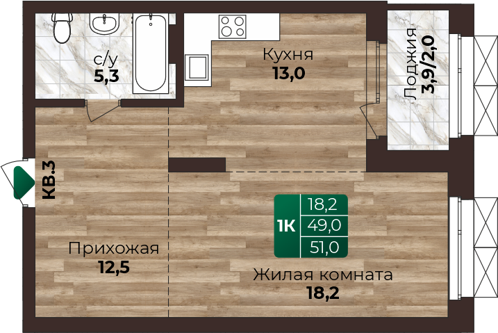 1-комнатная квартира, в ЖК Шервуд, ЖК Шервуд ул. Нагорная 6-я, д. 15г/12, №11
