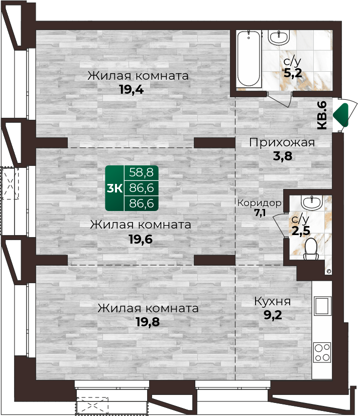 3-комнатная квартира, в ЖК Шервуд, ЖК Шервуд ул. Нагорная 6-я, д. 15г/12, №22